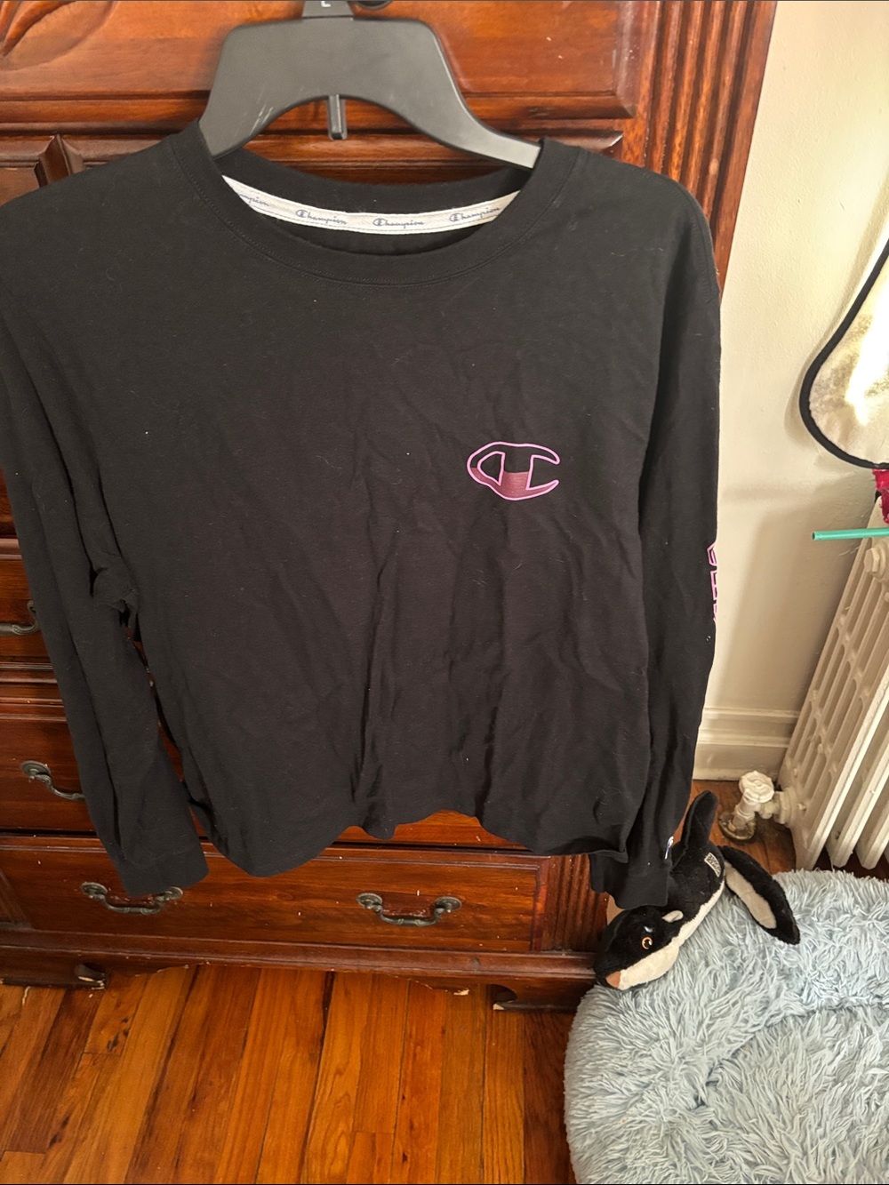 Champion Kids Black Long-Sleeve Tee with Pink Logo Accent